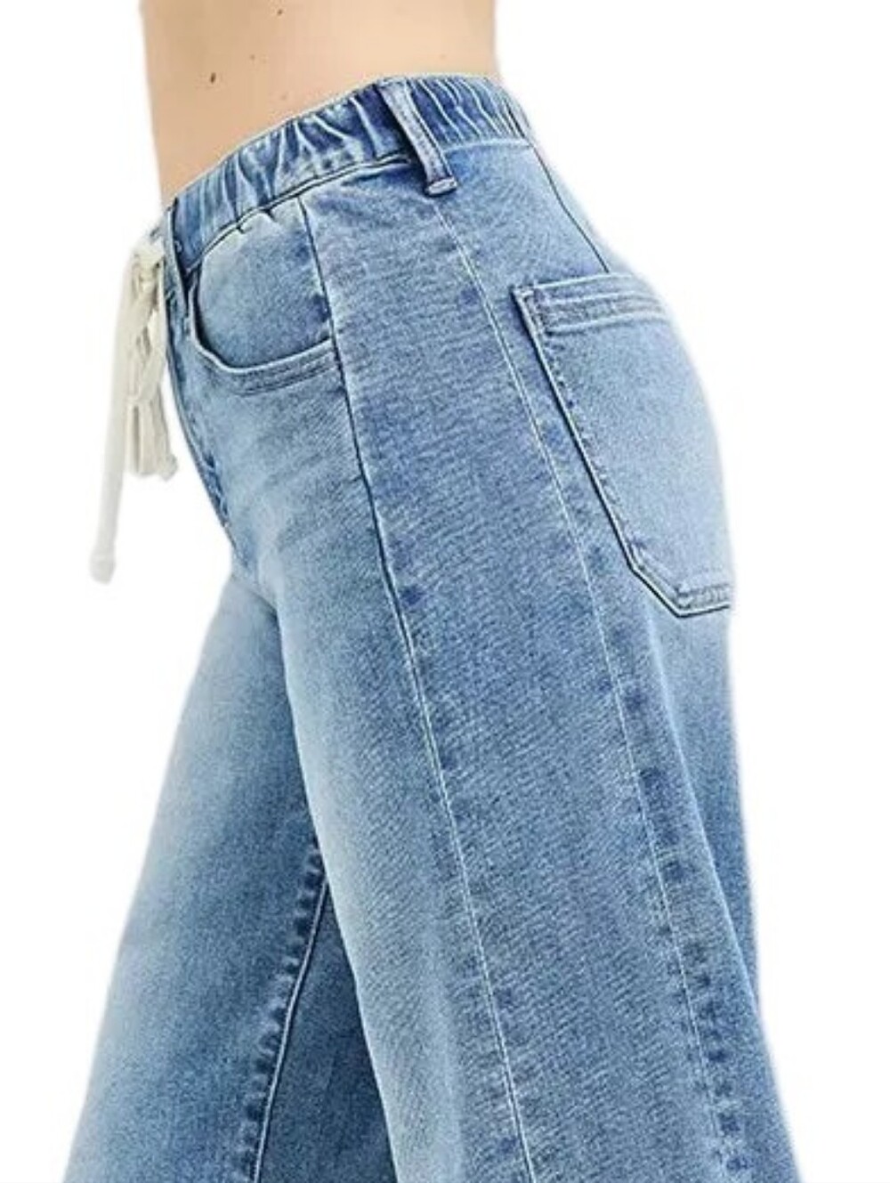 Risen High-Waist Drawstring Elastic Waist Relaxed Fit Panel Wide-Leg Denim Jeans - Picture 8 of 15